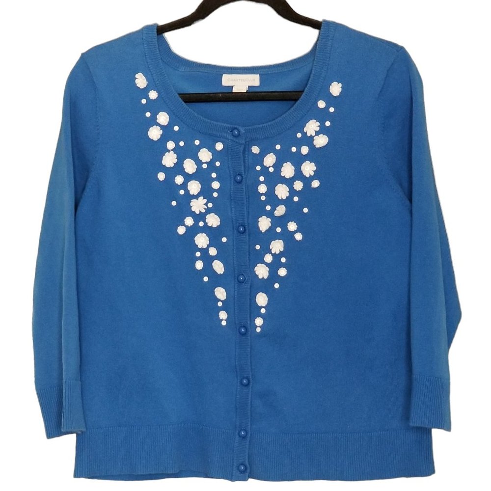 Charter Club Y2K Daisy Embroidered Blue Cardigan Sweater, Size L